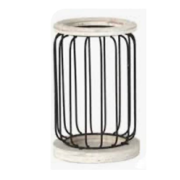 VTG Candle Holder w/ Pillar Candle 10” White Wood Black Metal Bird Cage Lantern - Picture 5 of 6
